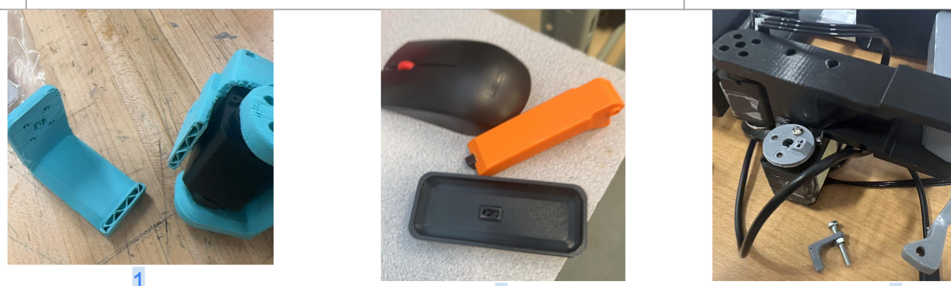 Three failure photos: cracked hip mount, foot fit issue with mouse for scale, snapped servo disk in linkage