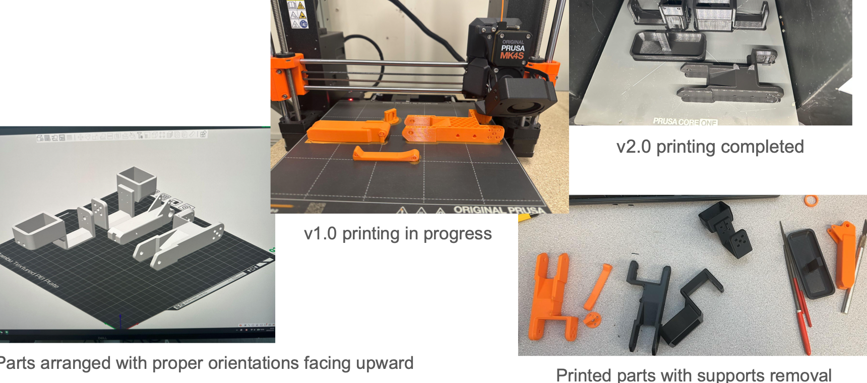 3D printing process: orientation in slicer, in-progress print on Prusa MK4S, completed parts on Core One, supports removed